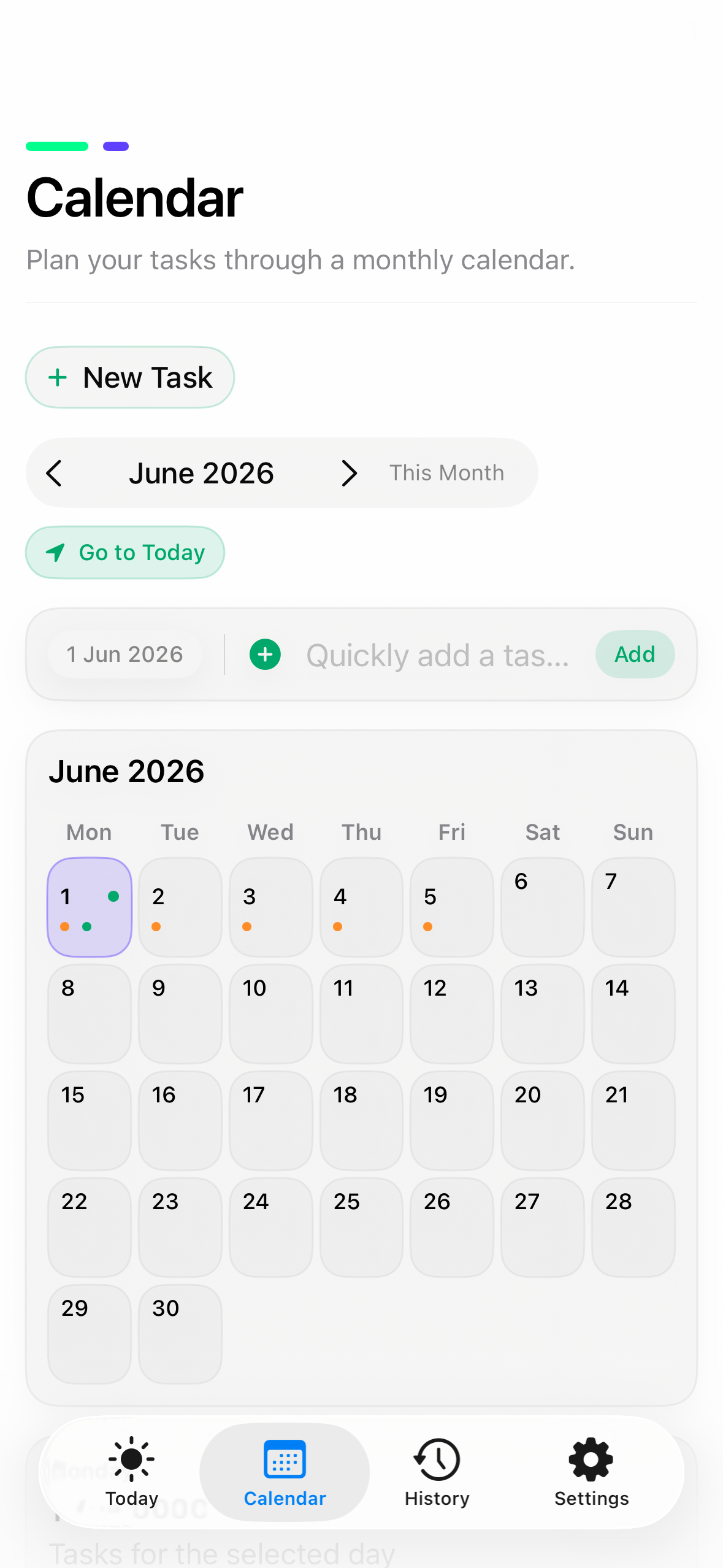 DeFlow Calendar screen